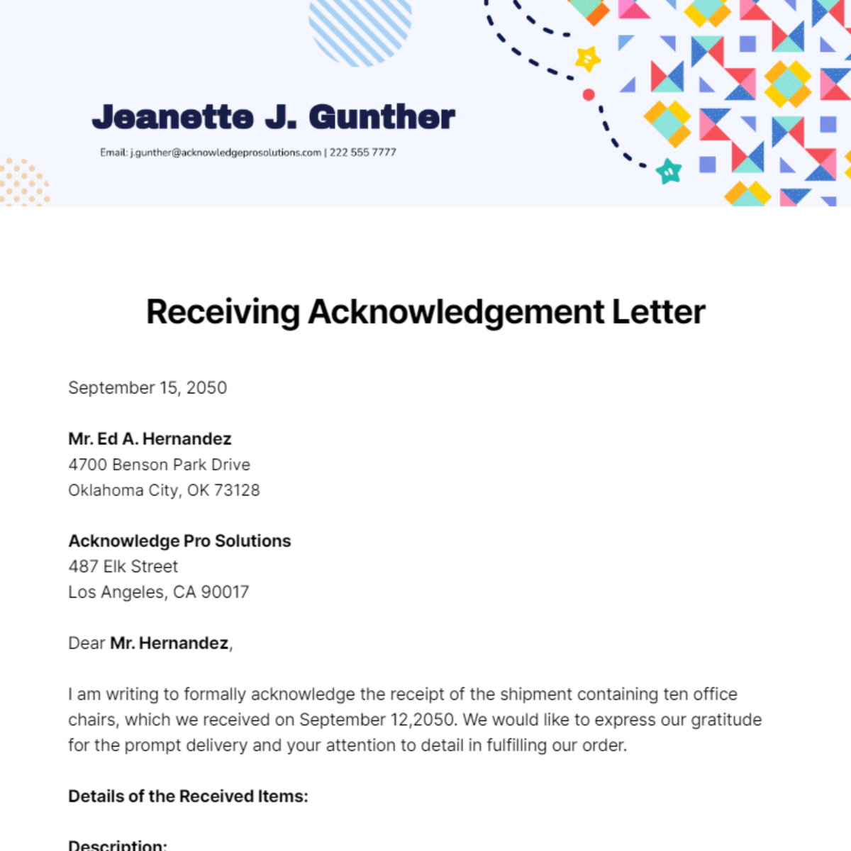 Receiving Acknowledgement Letter Template