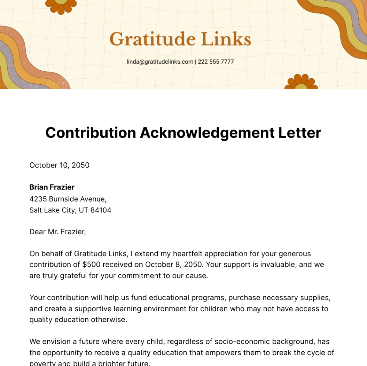 Contribution Acknowledgement Letter Template
