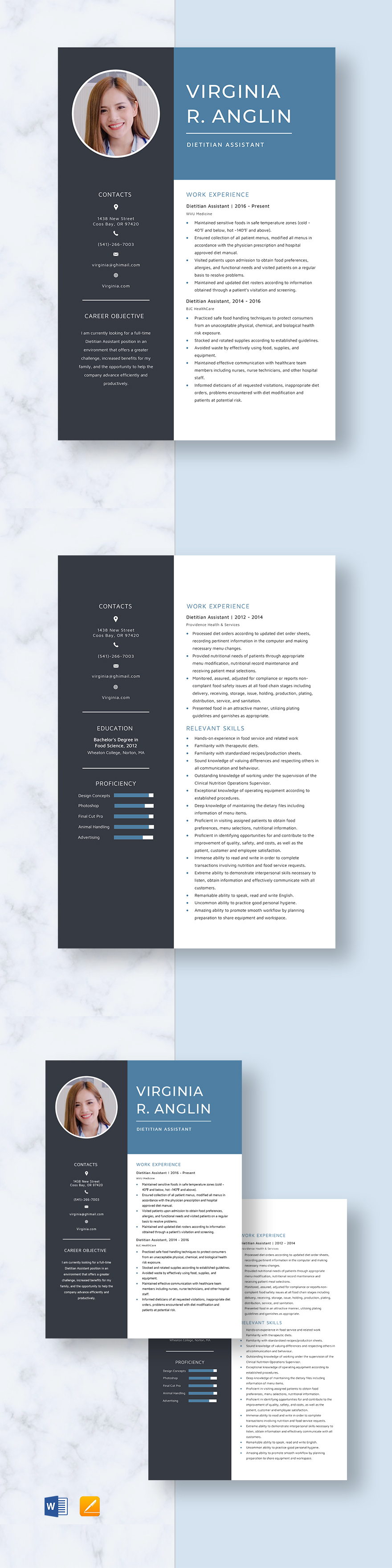 Dietitian Resume Template - Illustrator, InDesign, Word, Apple Pages ...