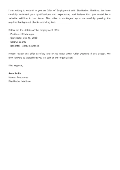 Free Offer Of Employment Letter Template to Edit Online