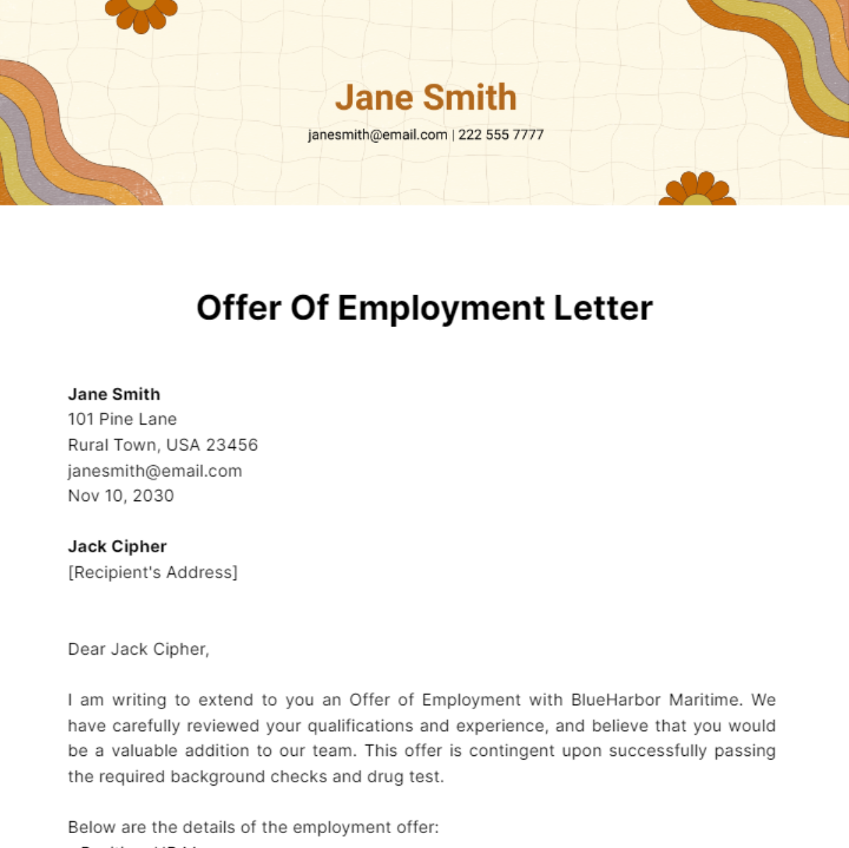 Offer Of Employment Letter Template