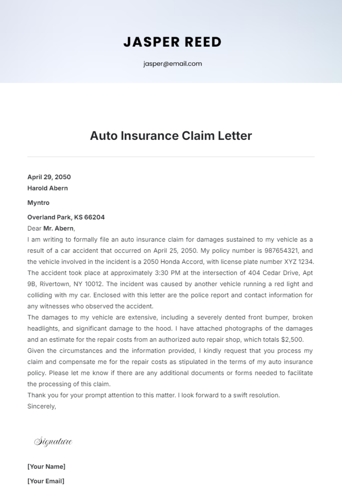 Auto Insurance Claim Letter Template