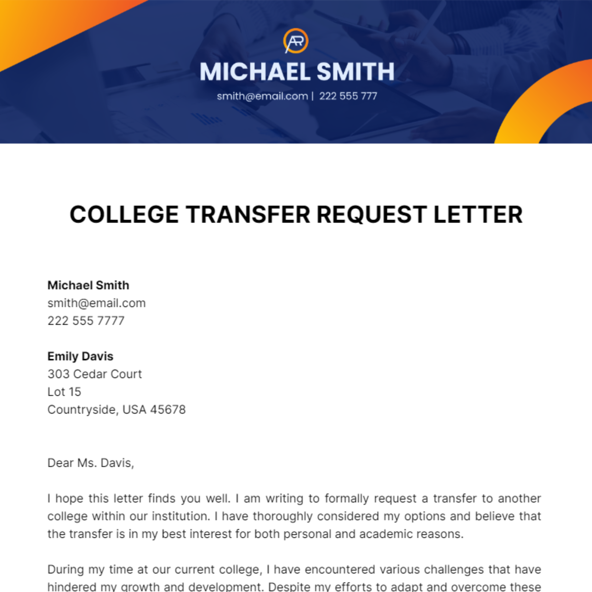 College Transfer Request Letter  Template