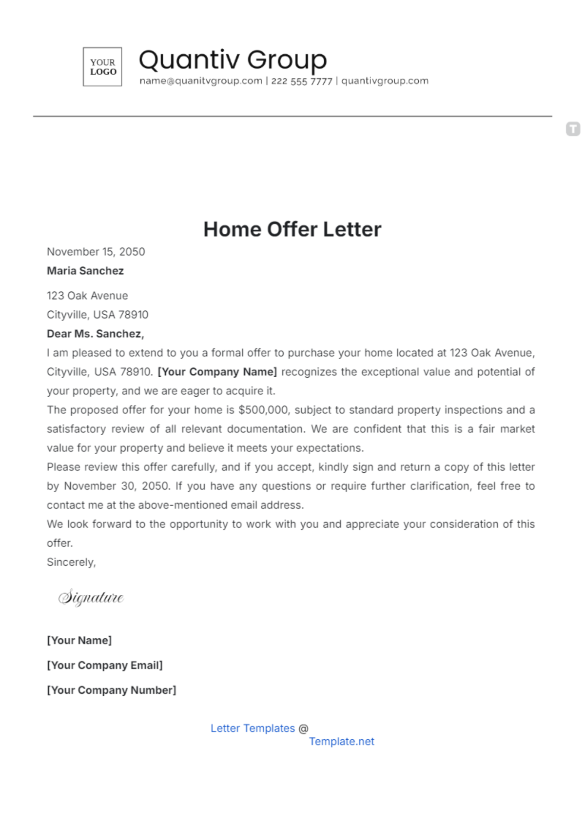 Home Offer Letter Template - Edit Online & Download