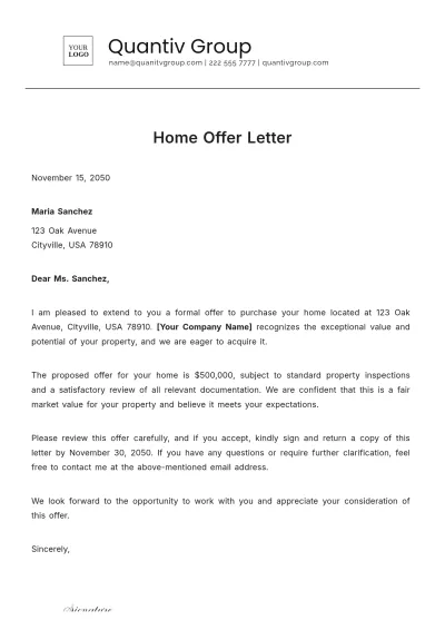 Free Home Offer Letter Template to Edit Online