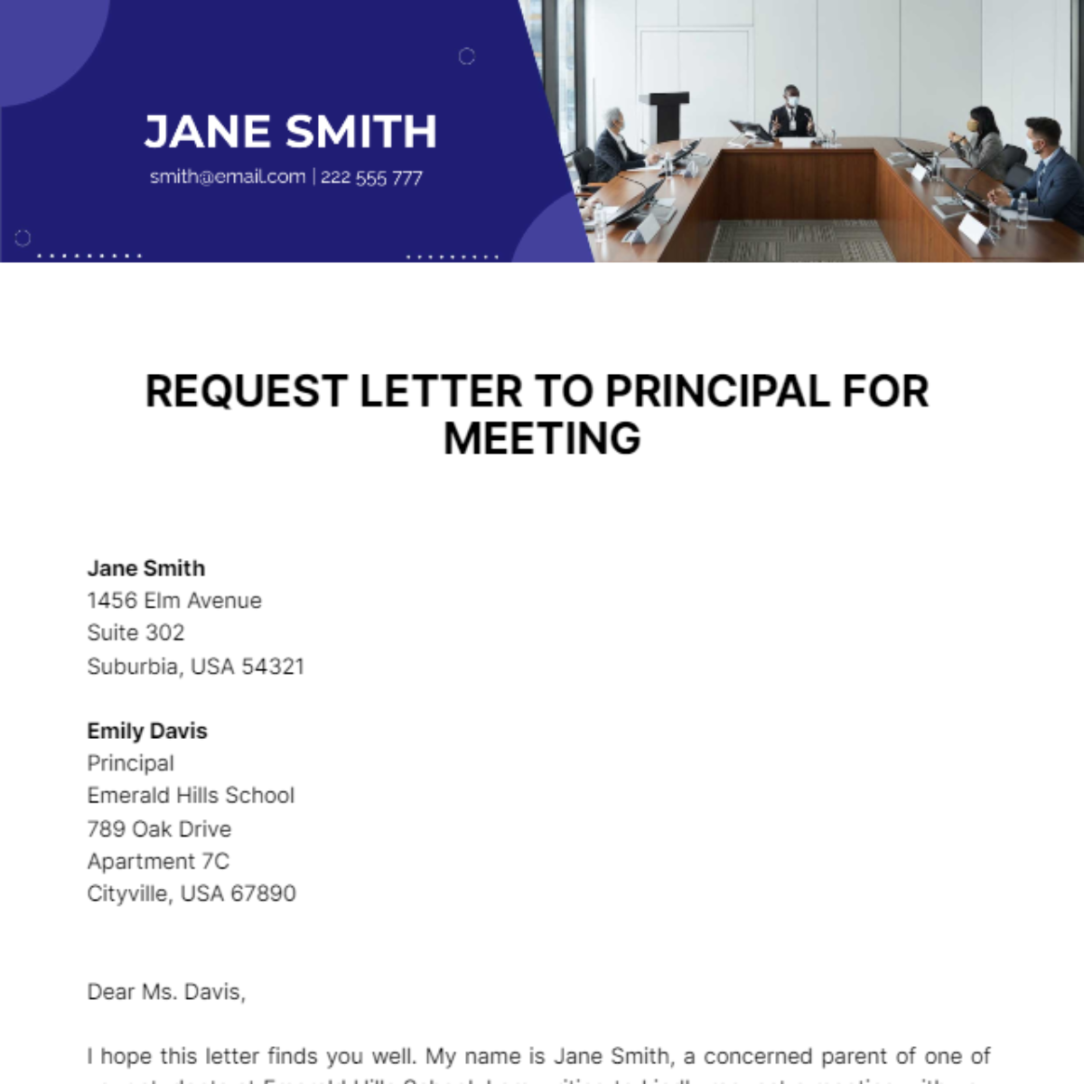 Request Letter To Principal For Meeting  Template