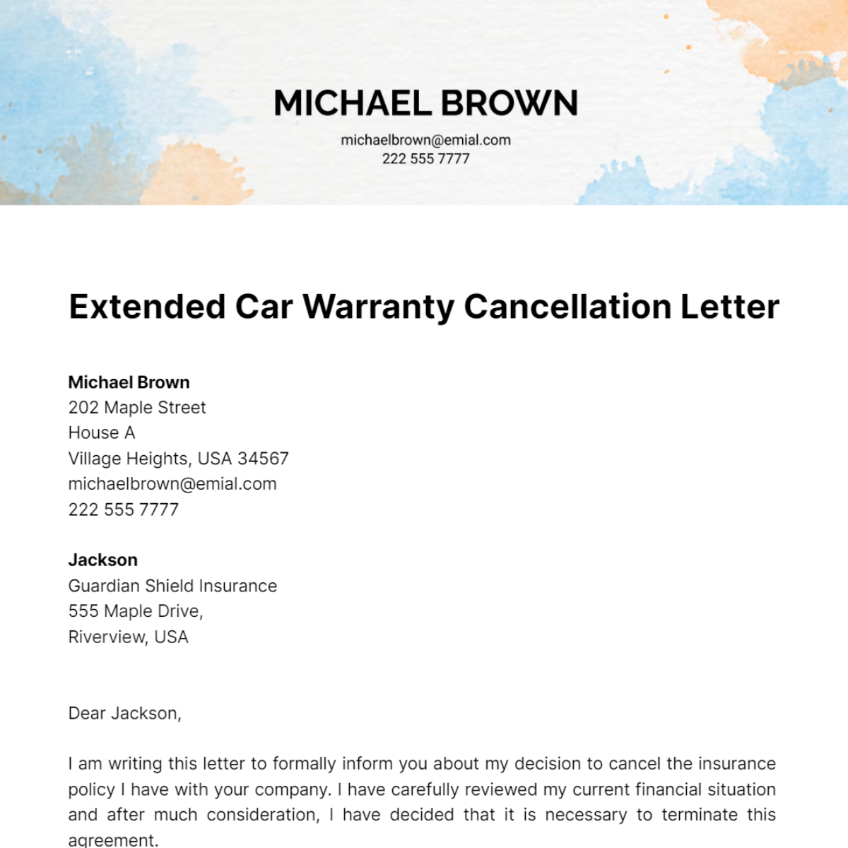 Extended Car Warranty Cancellation Letter Template