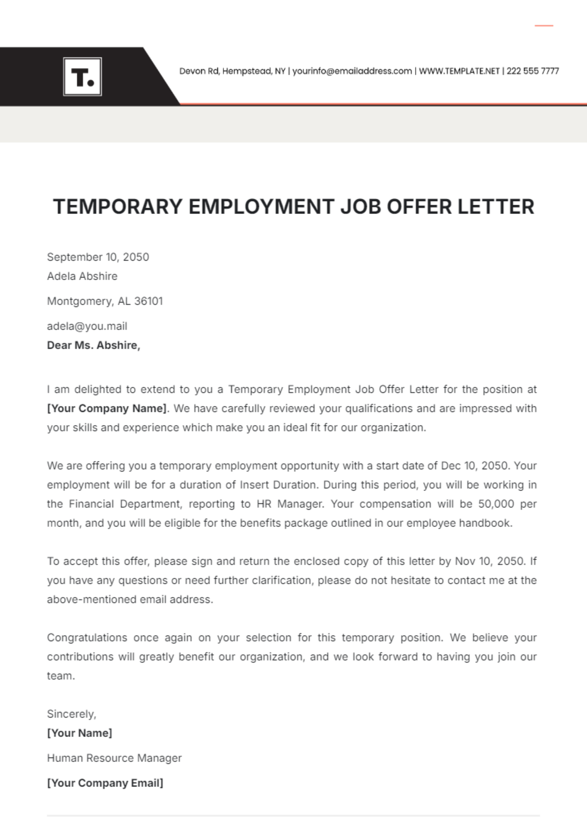 Temporary Employment Job Offer Letter Template - Edit Online & Download