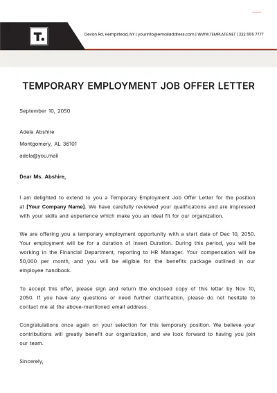 Free Temporary Employment Job Offer Letter Template to Edit Online