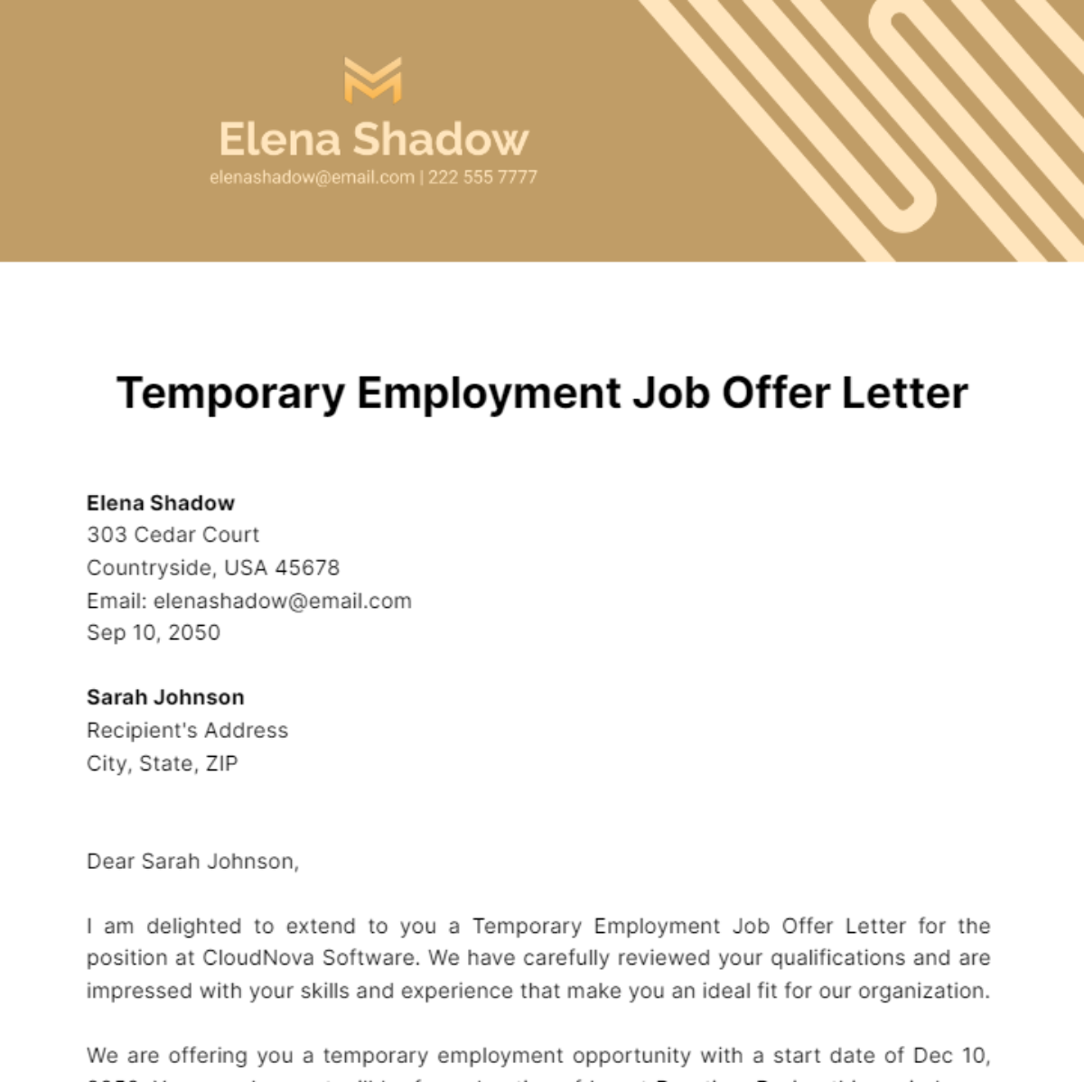 Temporary Employment Job Offer Letter Template