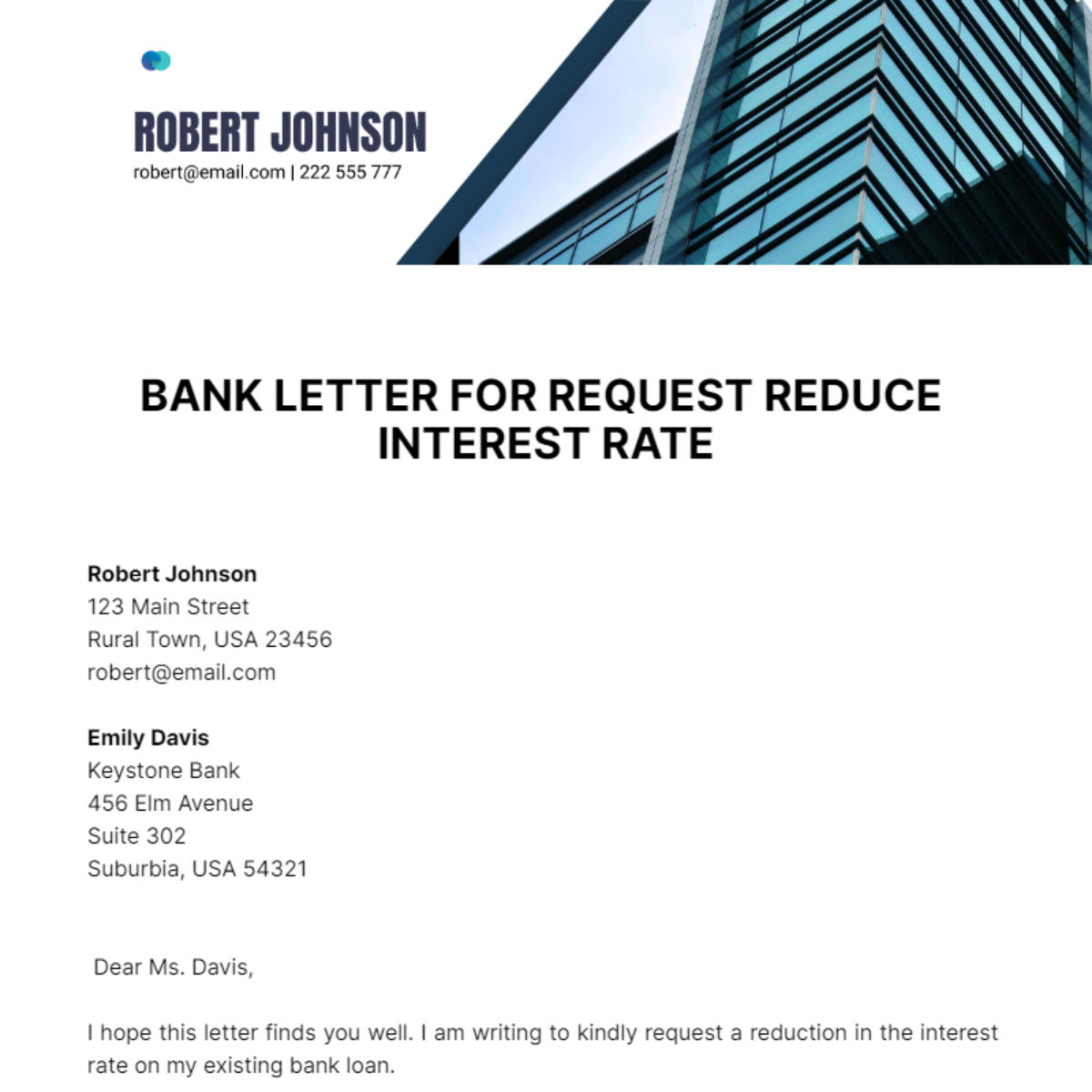 Bank Letter For Request Reduce Interest Rate  Template