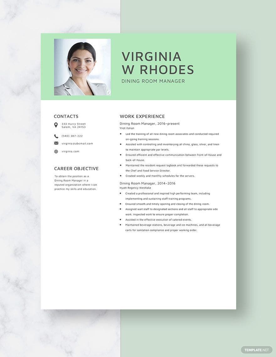 Free Dining Room Manager Resume in Word, Apple Pages