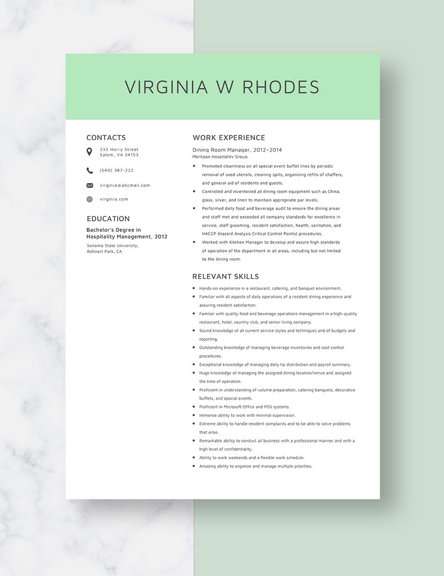 Dining Room Manager Resume
