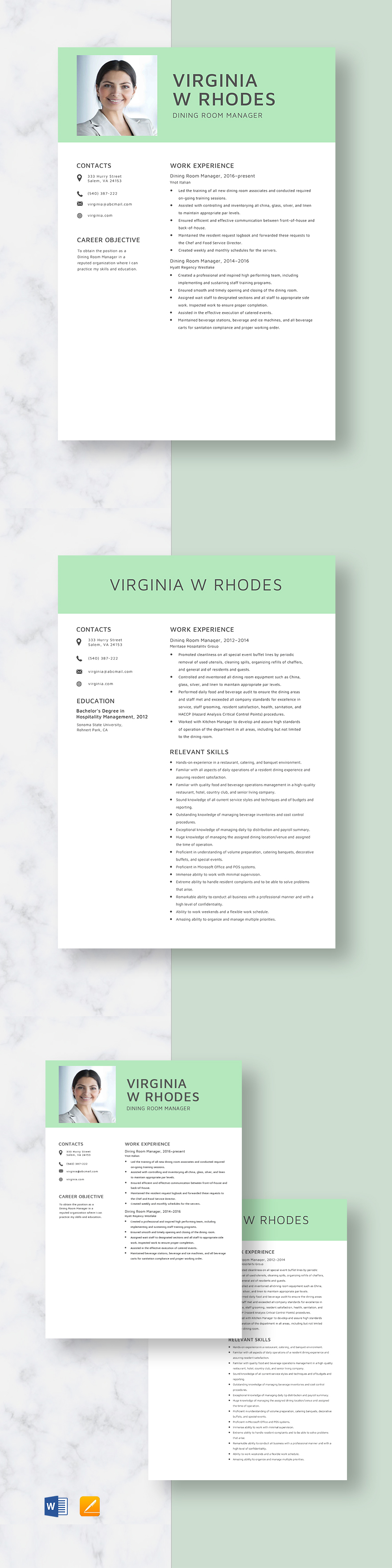 Free Dining Room Manager Resume Template Word Apple Pages Template