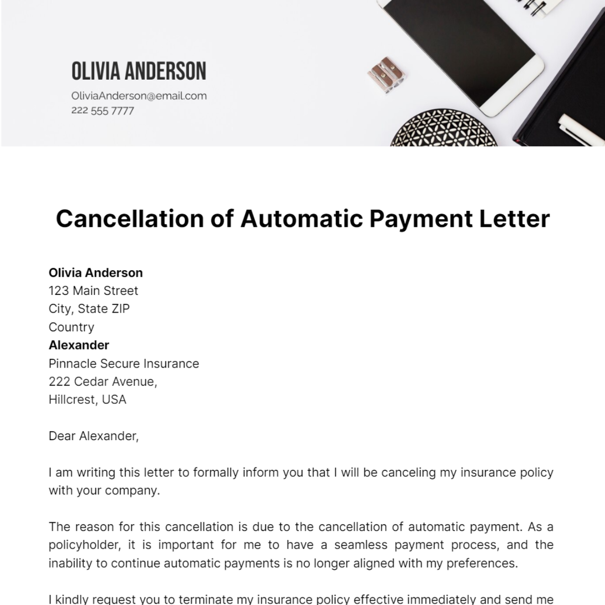 Cancellation of Automatic Payment Letter Template