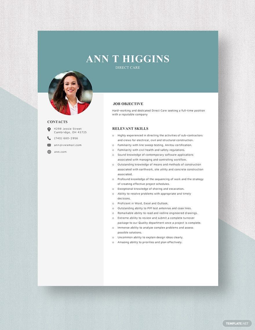 Direct Care Resume in Word, Apple Pages