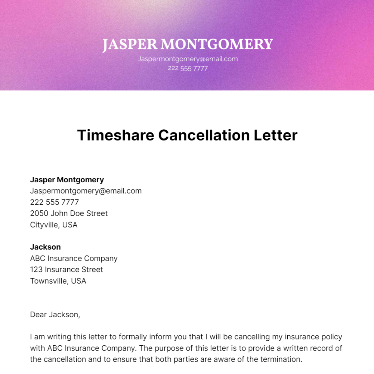 Timeshare Cancellation Letter Template