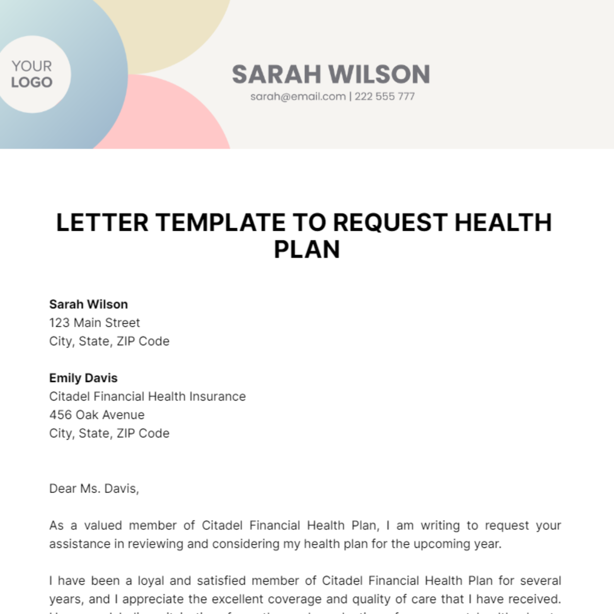 Letter  To Request Health Plan  Template