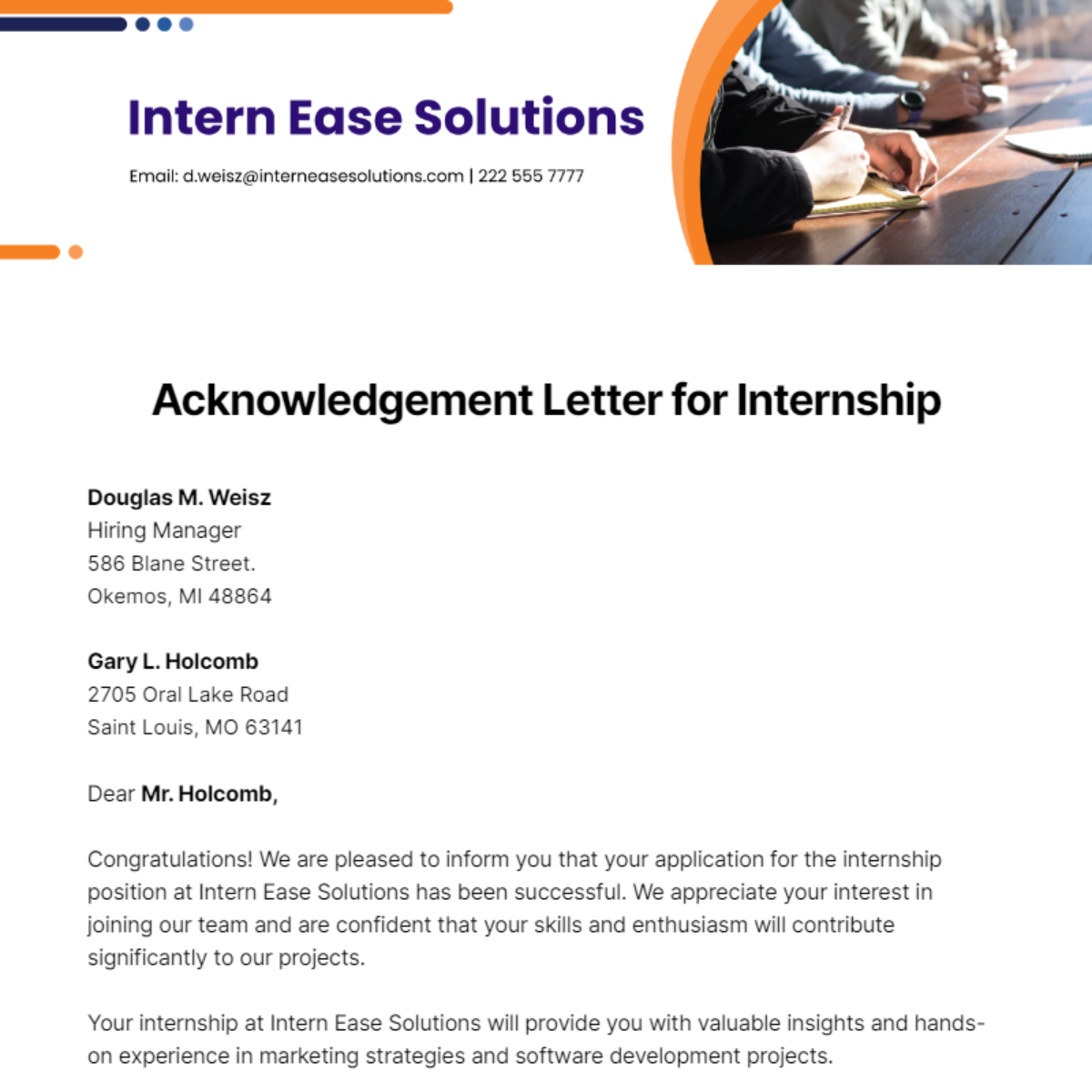 Acknowledgement Letter for Internship Template