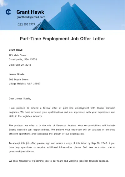 Free Part-Time Employment Job Offer Letter Template to Edit Online