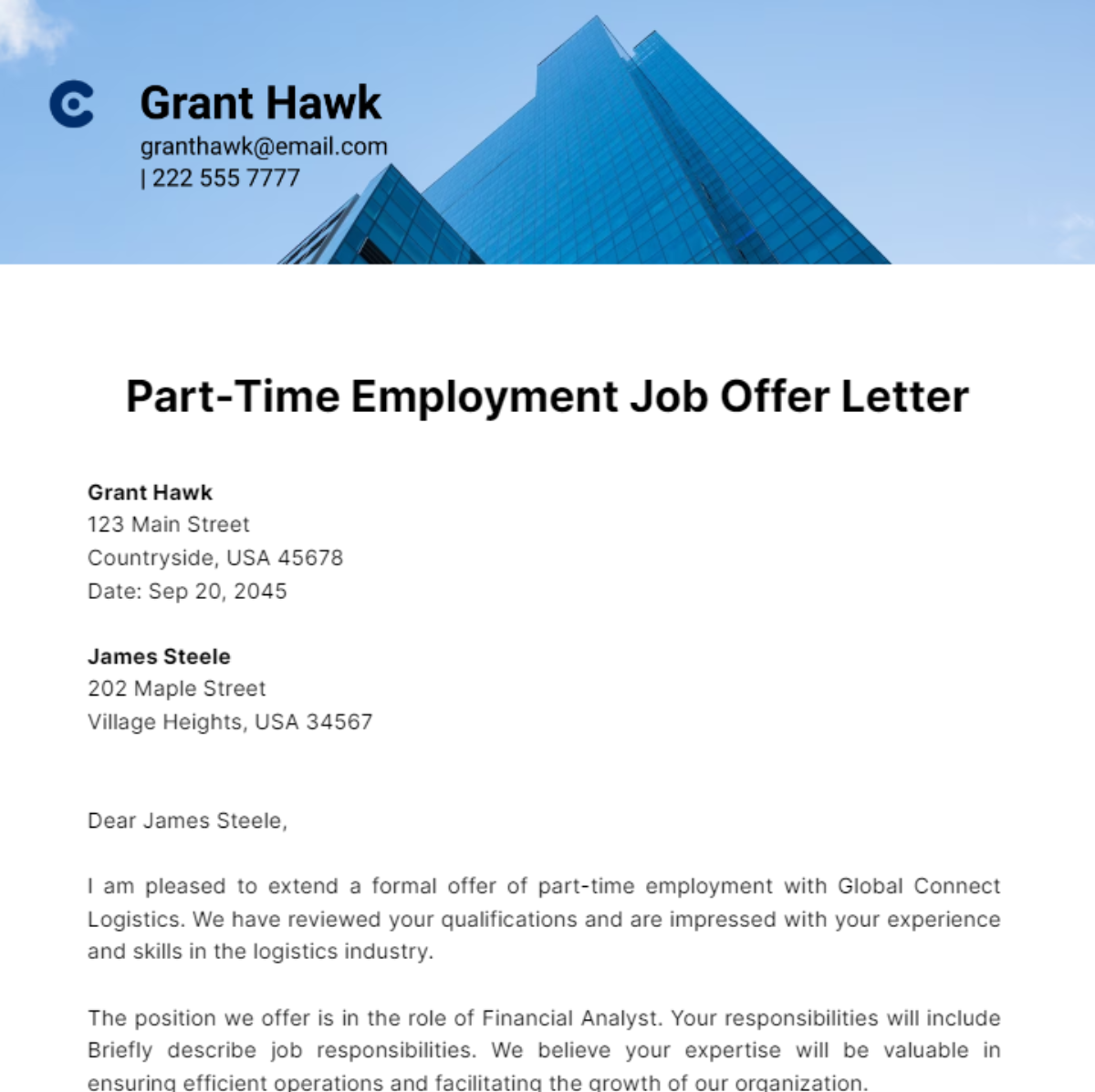 Part-Time Employment Job Offer Letter Template