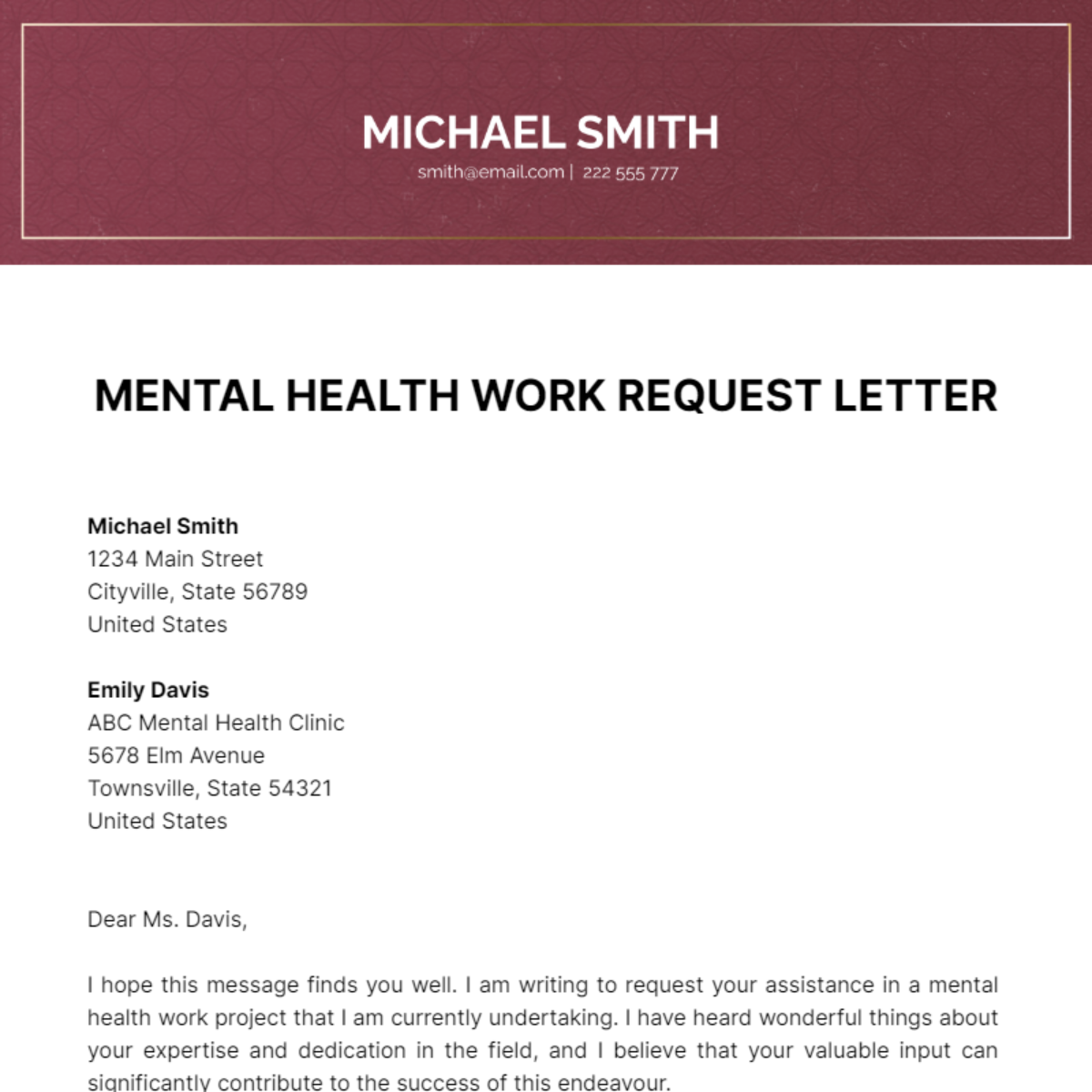 Mental Health Work Request Letter  Template