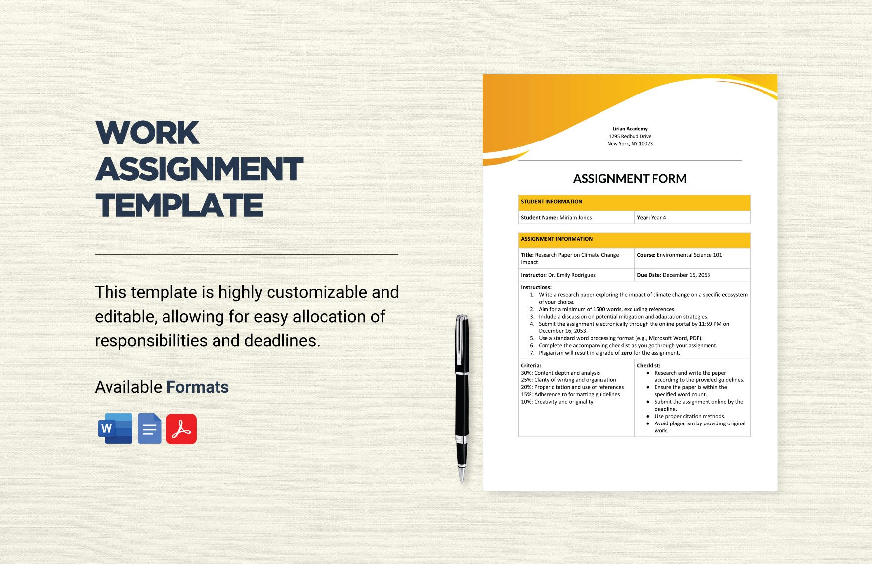 Free Work Assignment Template in Word, Google Docs, PDF