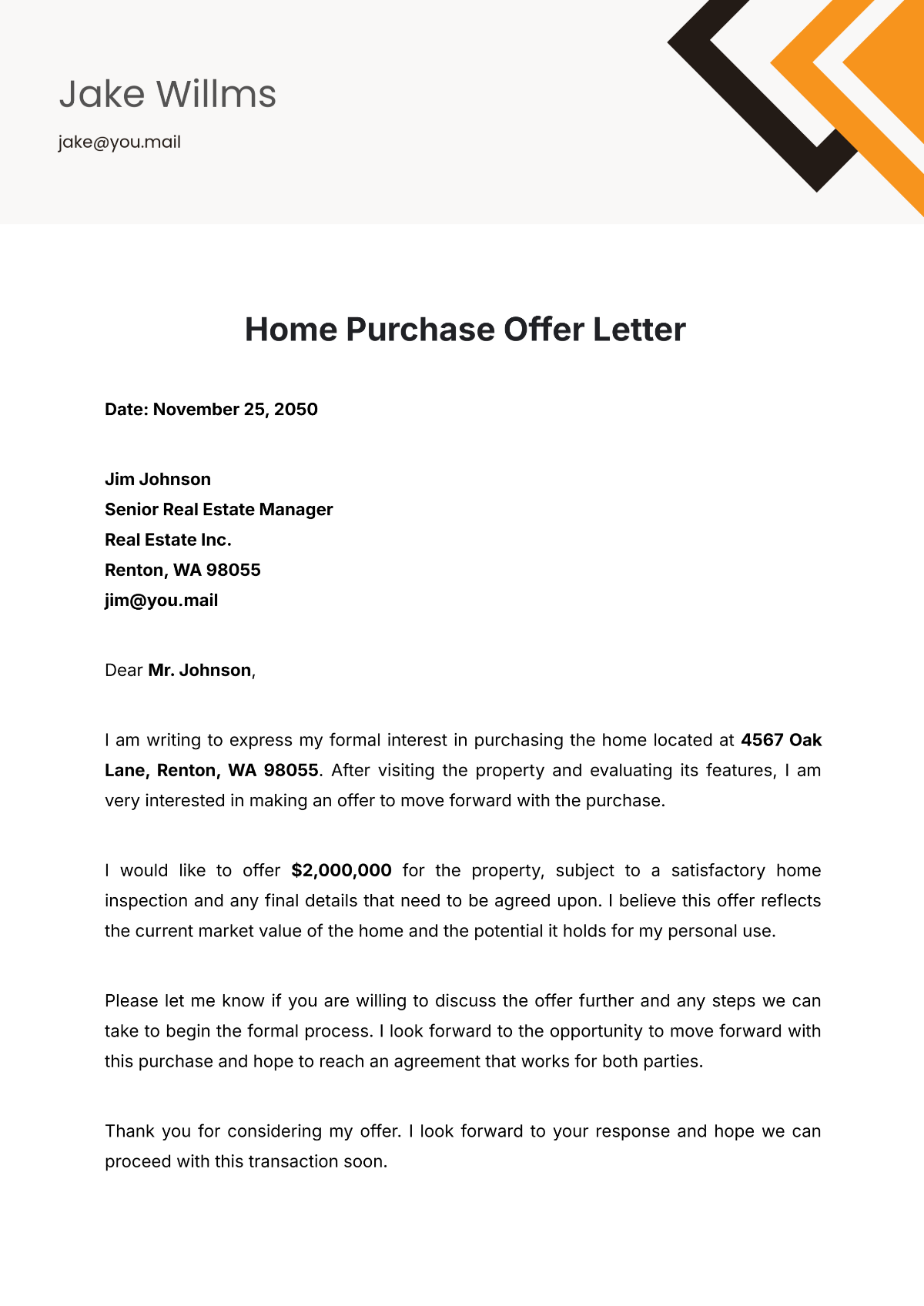 Free Home Purchase Offer Letter Template to Edit Online