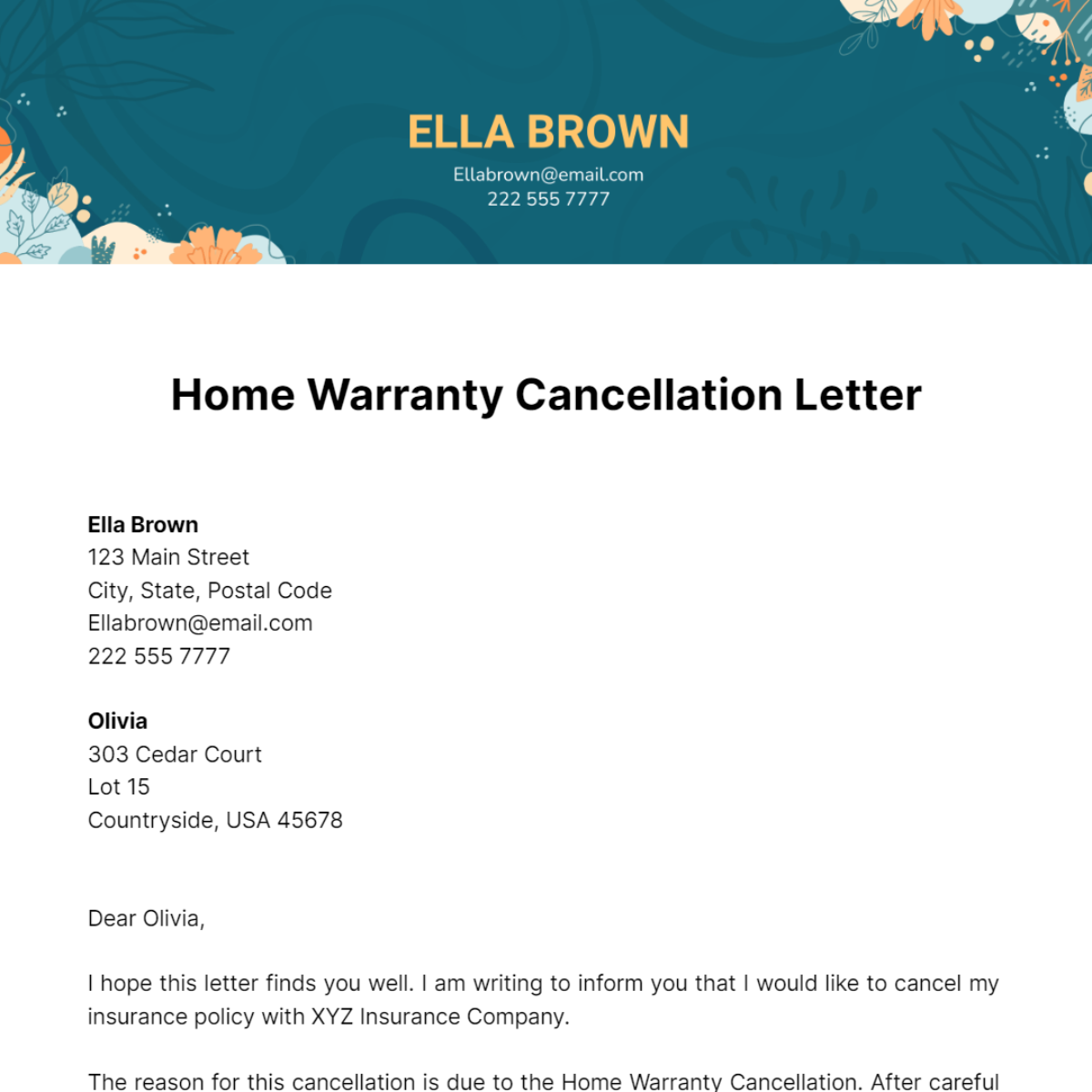 Home Warranty Cancellation Letter Template
