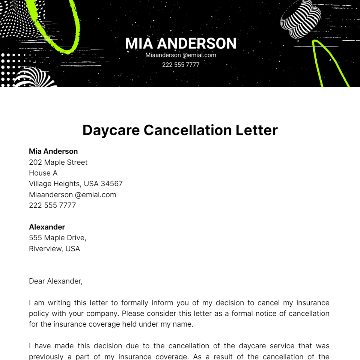 Daycare Cancellation Letter Template