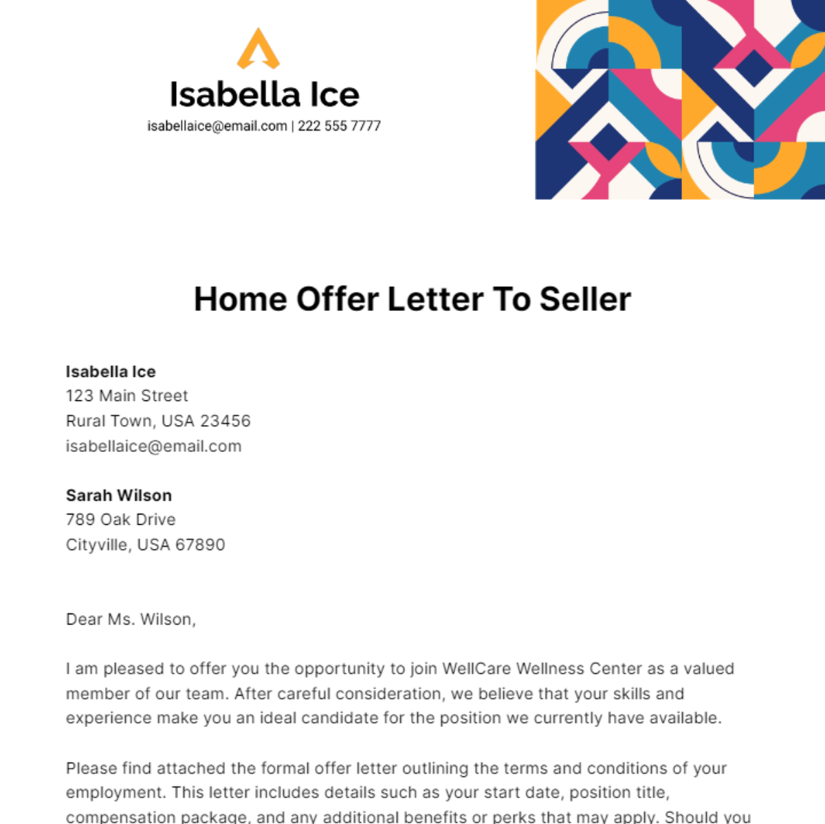 Home Offer Letter To Seller Template
