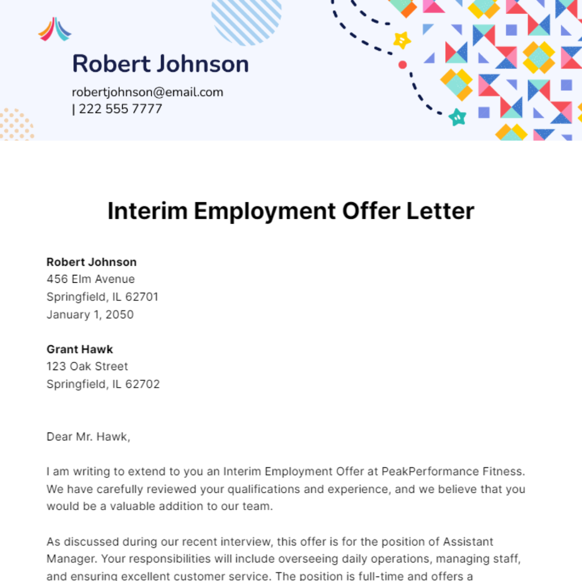 Interim Employment Offer Letter Template