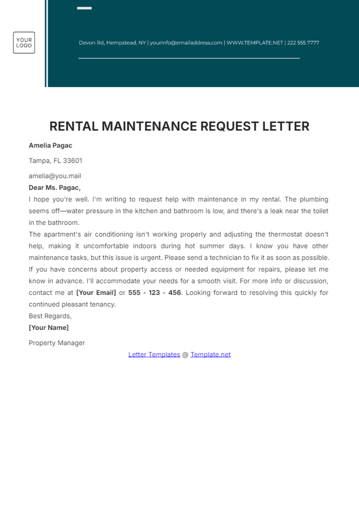 Rental Maintenance Request Letter Template - Edit Online & Download