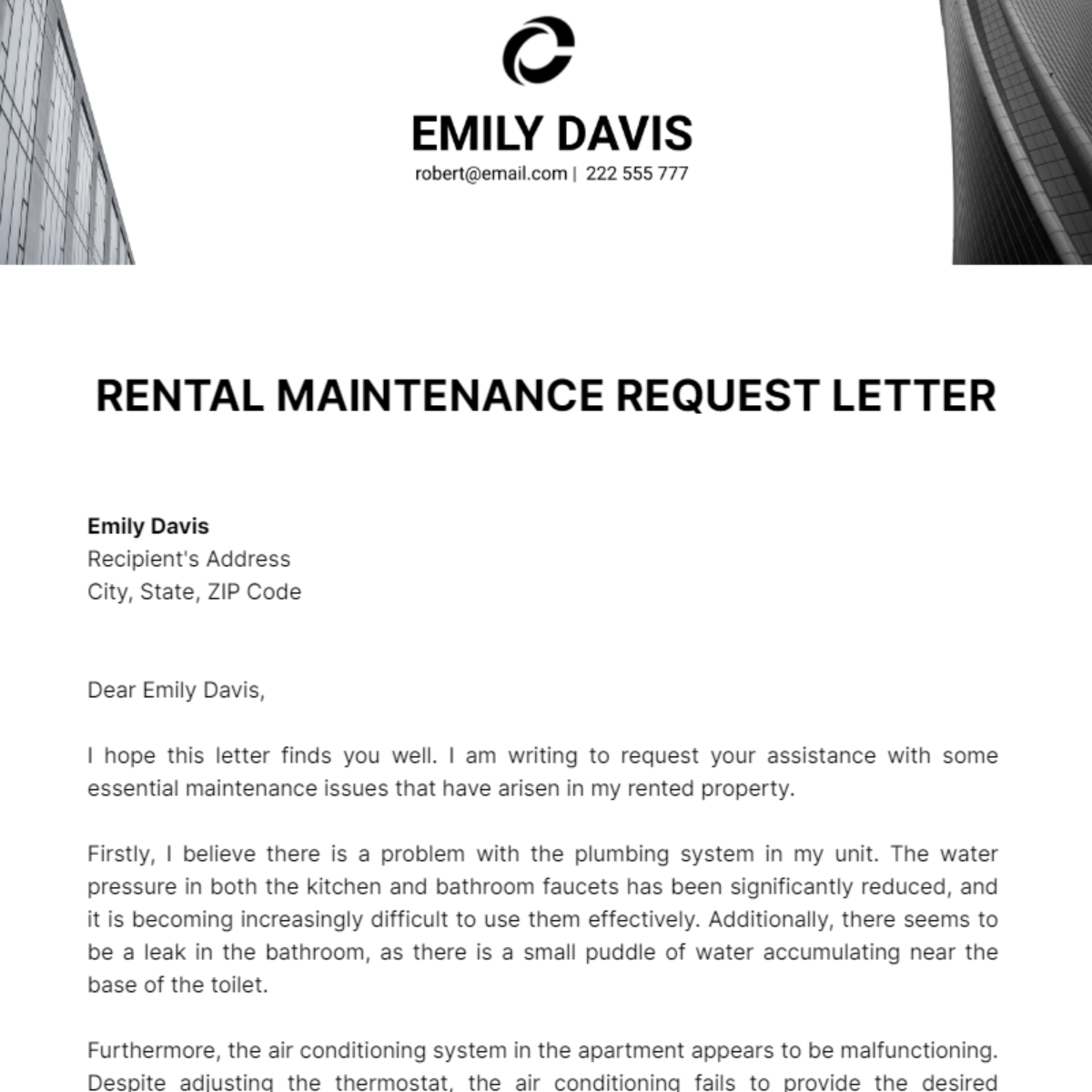 Rental Maintenance Request Letter  Template