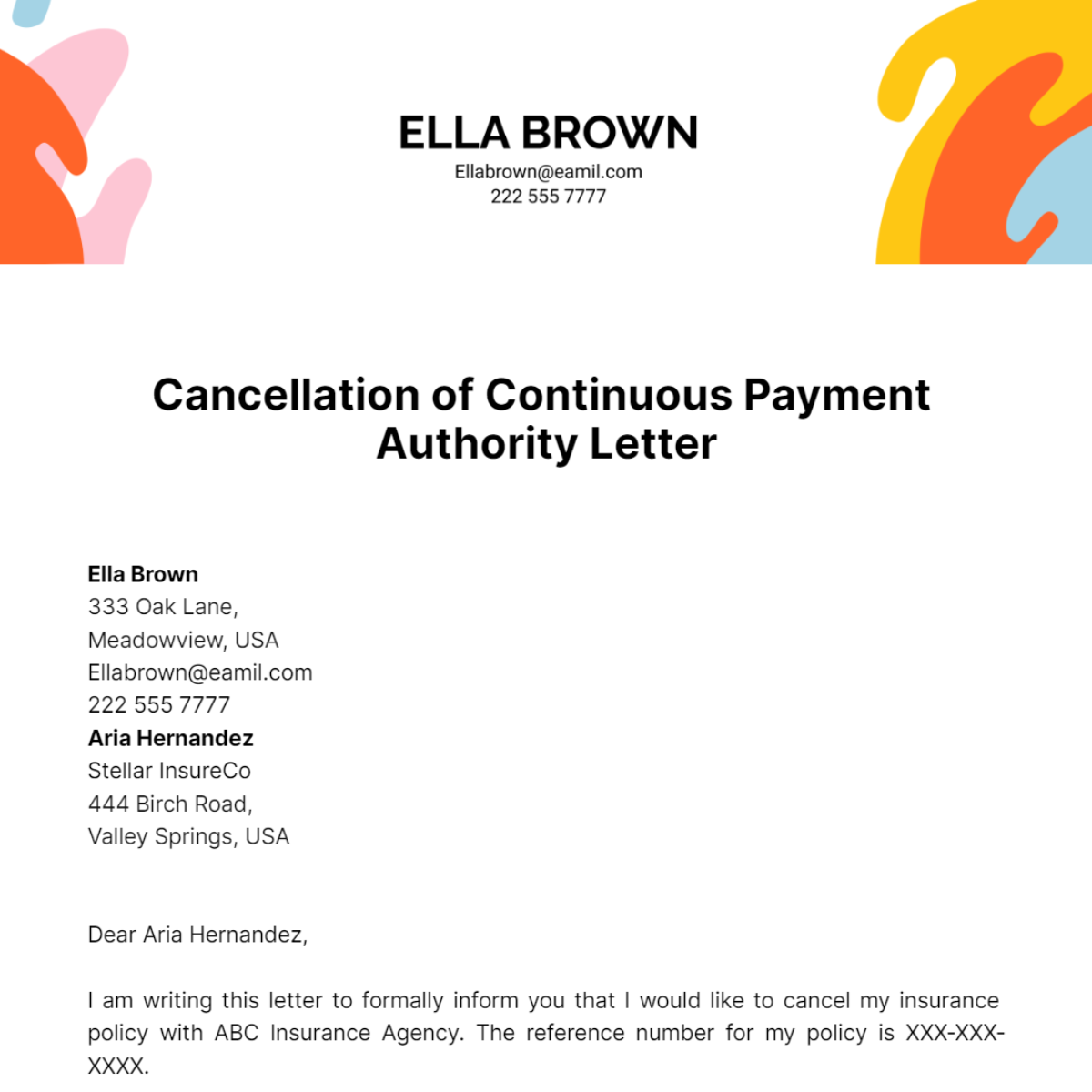 Cancellation of Continuous Payment Authority Letter Template