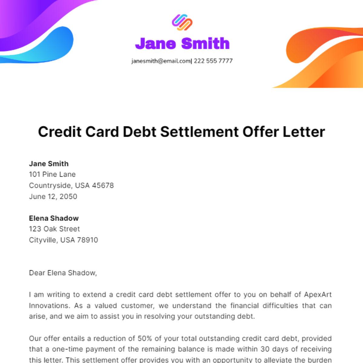 Credit Card Debt Settlement Offer Letter Template