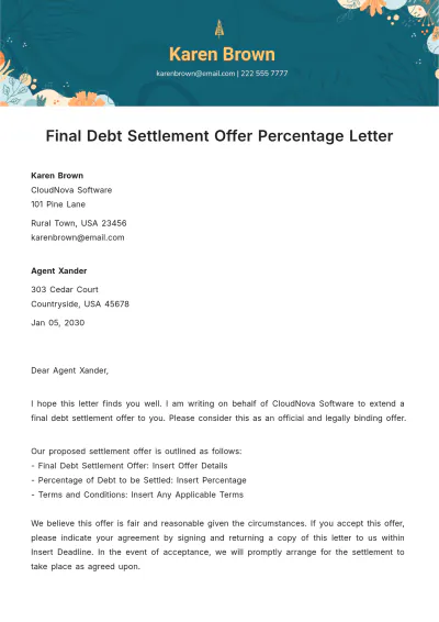 Free Final Debt Settlement Offer Percentage Letter Template to Edit Online