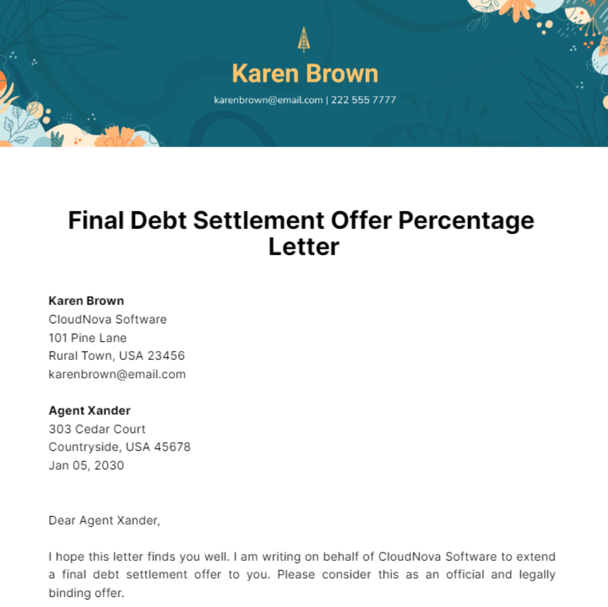 Final Debt Settlement Offer Percentage Letter Template