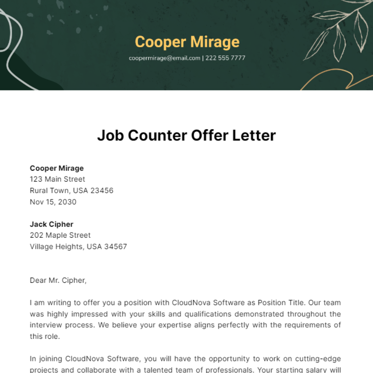 Job Counter Offer Letter Template