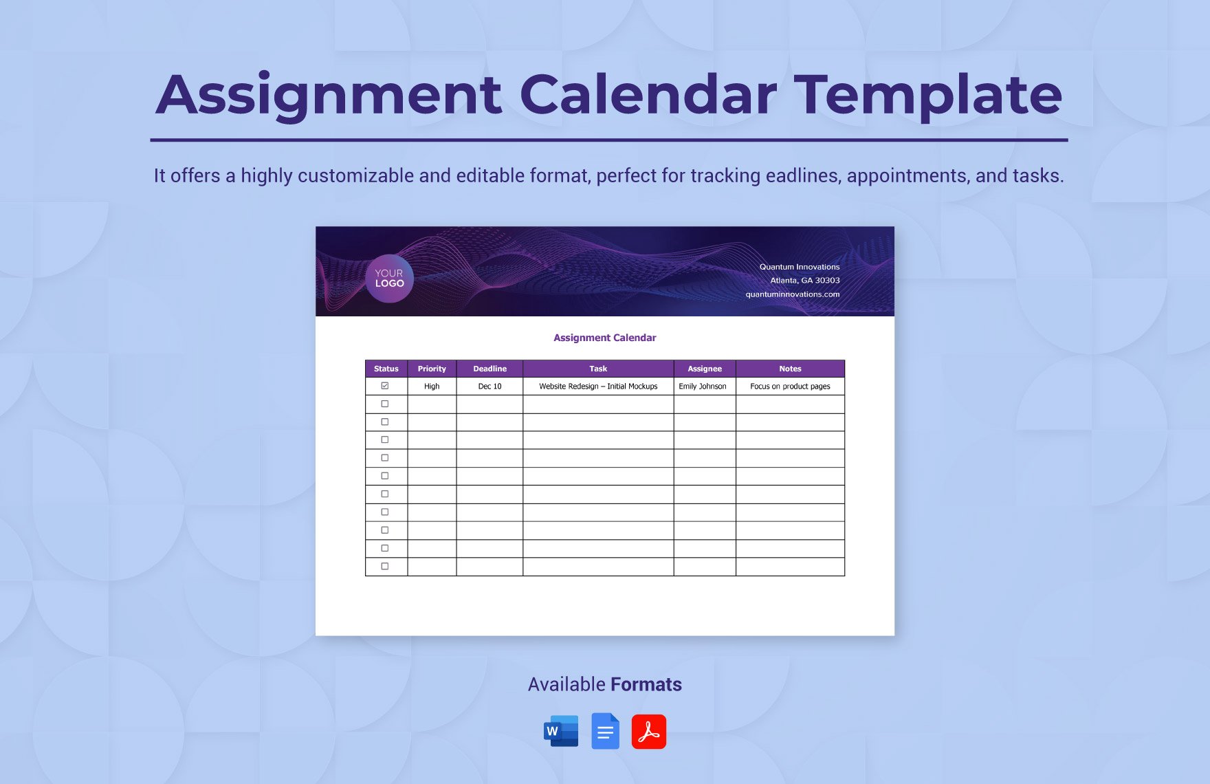 Assignment Calendar Template