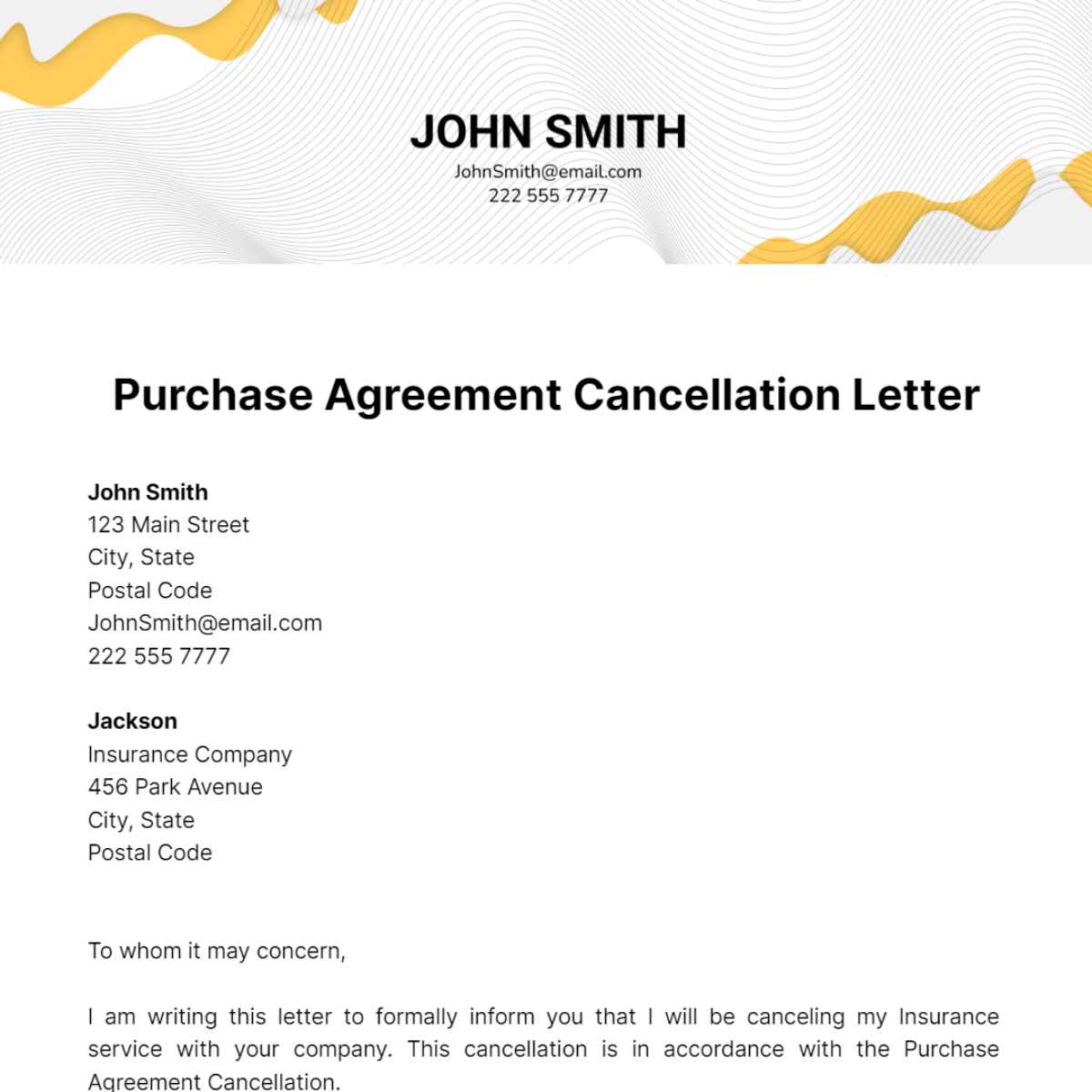 Purchase Agreement Cancellation Letter Template