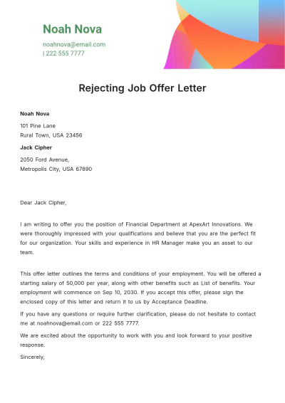 Free Rejecting Job Offer Letter Template to Edit Online