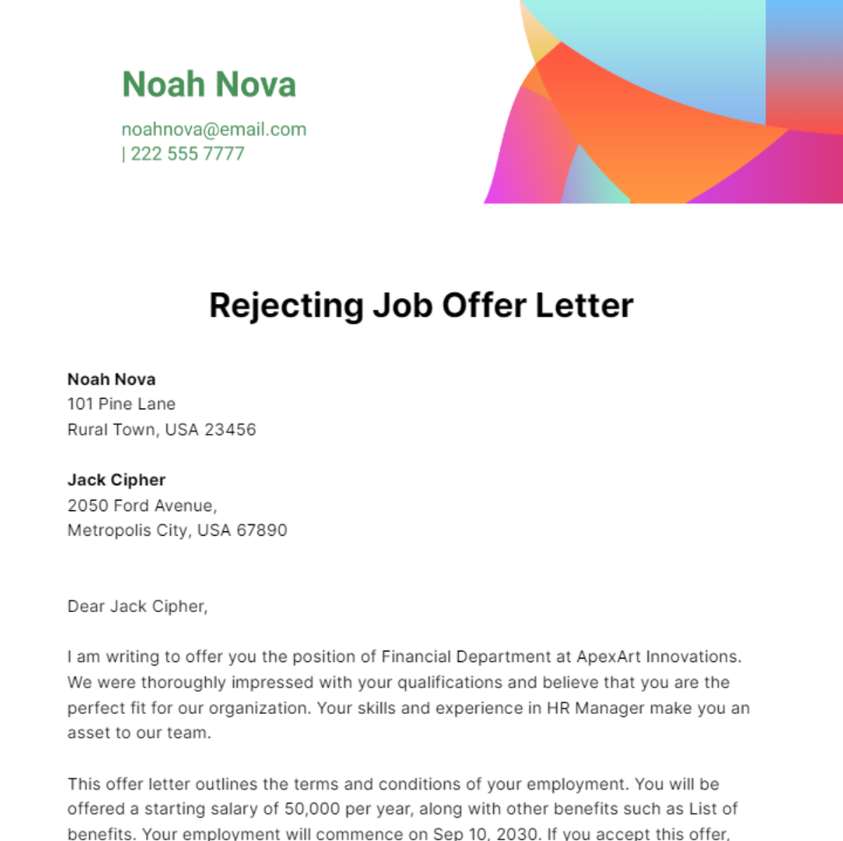 Rejecting Job Offer Letter Template