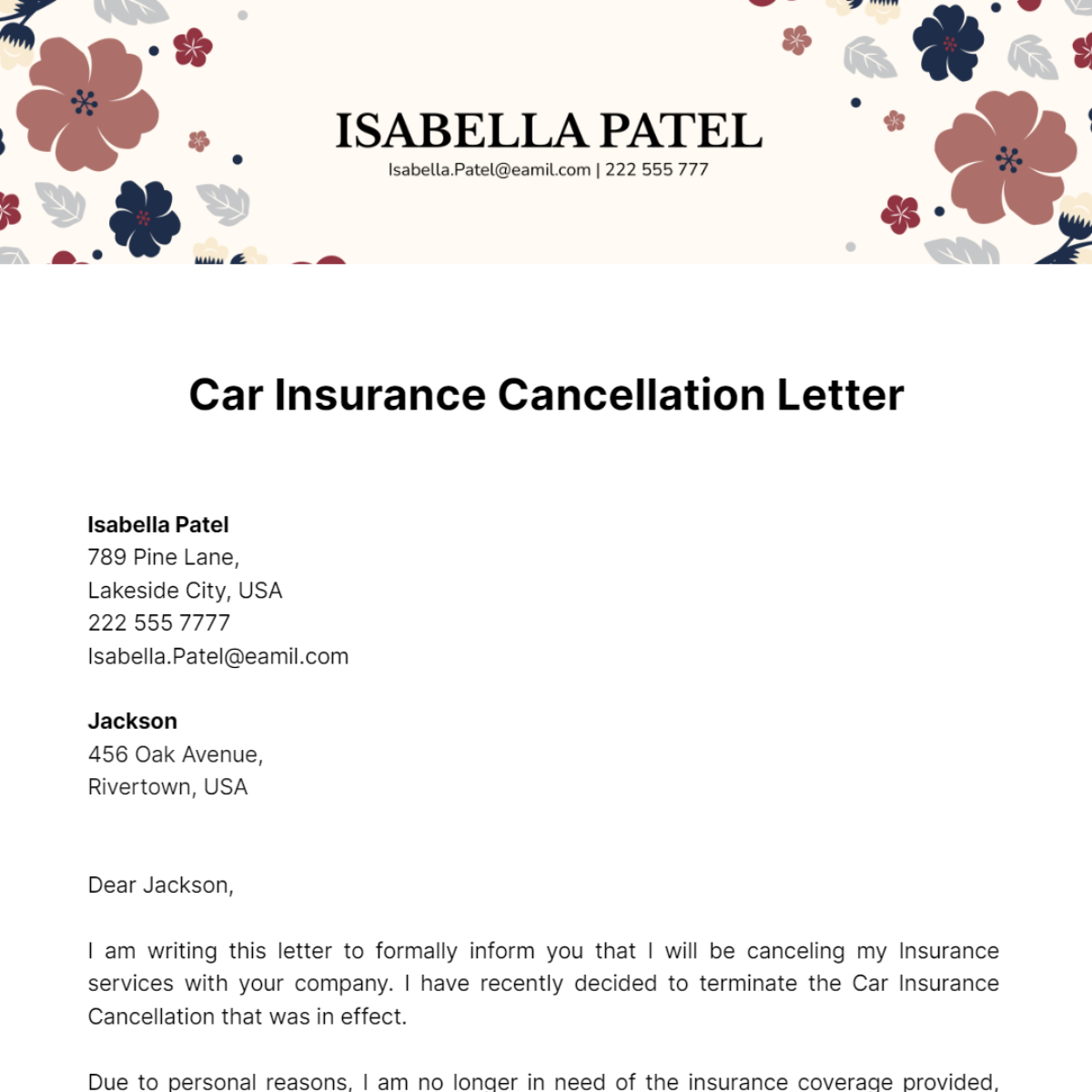 Car Insurance Cancellation Letter Template