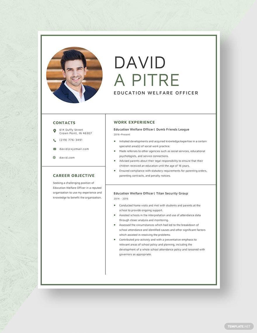 Free Education Welfare Officer Resume Template
