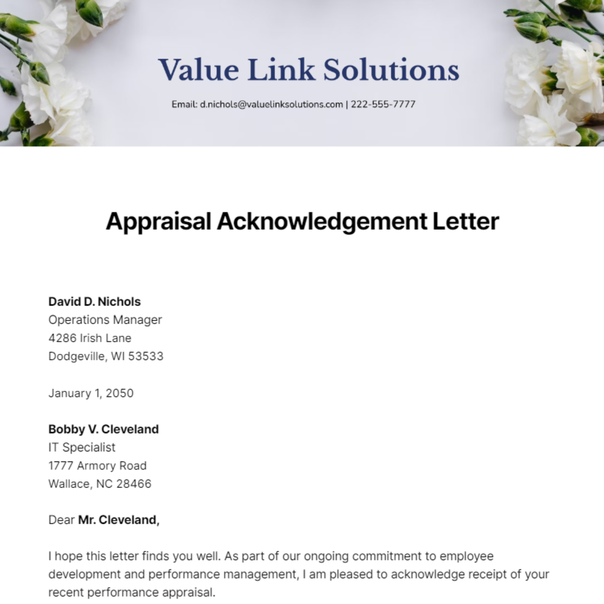 Appraisal Acknowledgement Letter Template