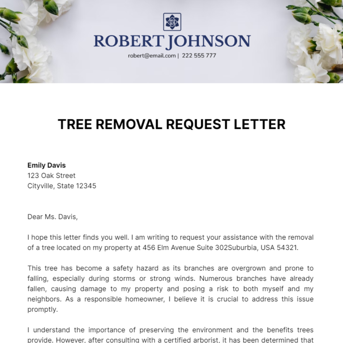Tree Removal Request Letter  Template