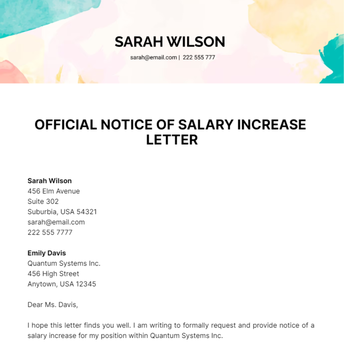 Official Notice 0f Salary Increase Letter  Template