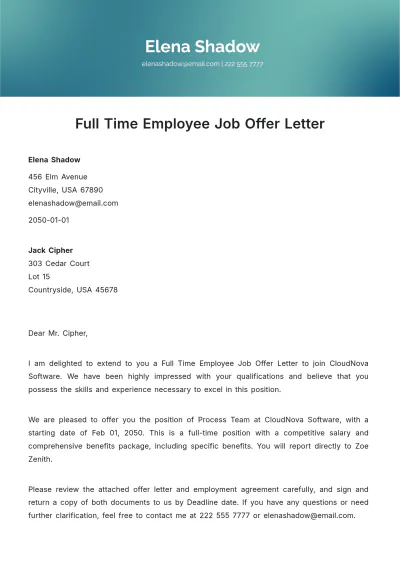 Free Full Time Employee Job Offer Letter Template to Edit Online