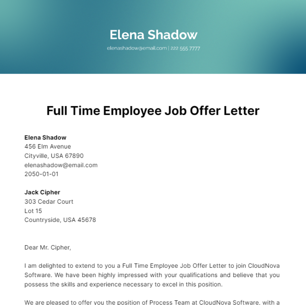 Full Time Employee Job Offer Letter Template